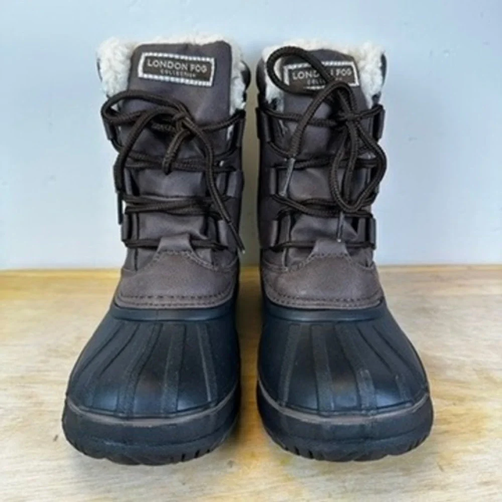 London Fog Cheshire Duck Boots Kids Size 1 Brown Black Faux Fur Trim Winter Snow